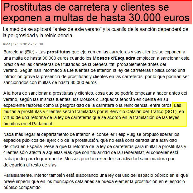 Noticia publicada en la edicin digital del diario 'La Vanguardia' sobre las sanciones de hasta 30.000 euros que los Mossos podrn imponer a las prostitutas de carreteras y a sus clientes (17 Marzo 2012)